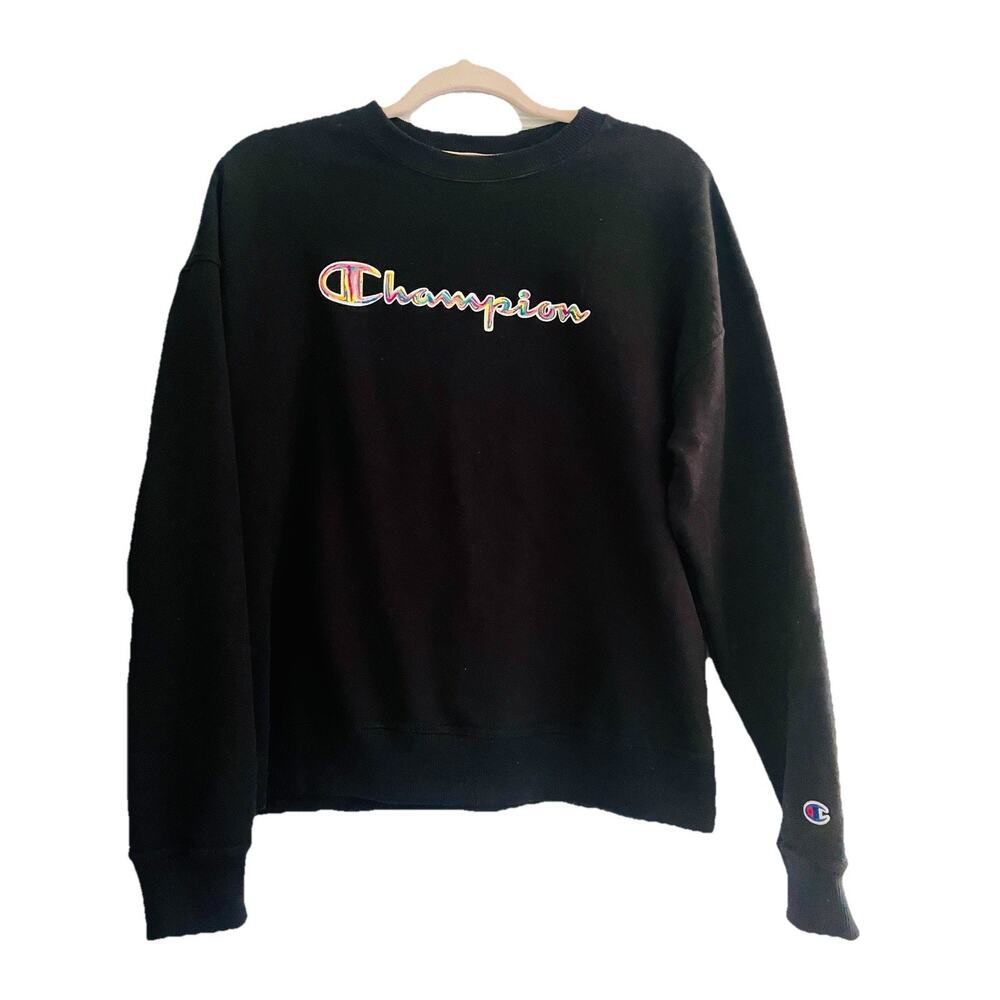 Champion Women’s Crewneck Sweatshirt Black With Multicolor Logo Spellout Sz Med
